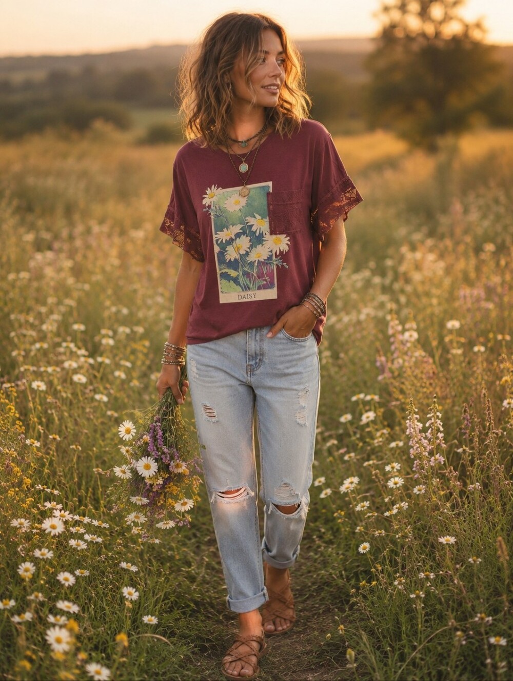 Daisy Graphic Lace-Sleeve Tee - Burgundy